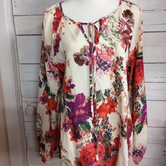 Andree by Unit Women’s Large Floral Boho Peasant Top Long Sleeve Rayon Cream - Picture 1 of 12
